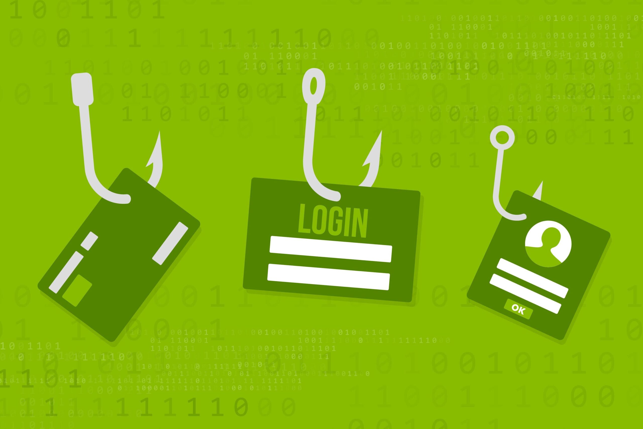 Illustration of three phishing hooks holding a credit card, a...