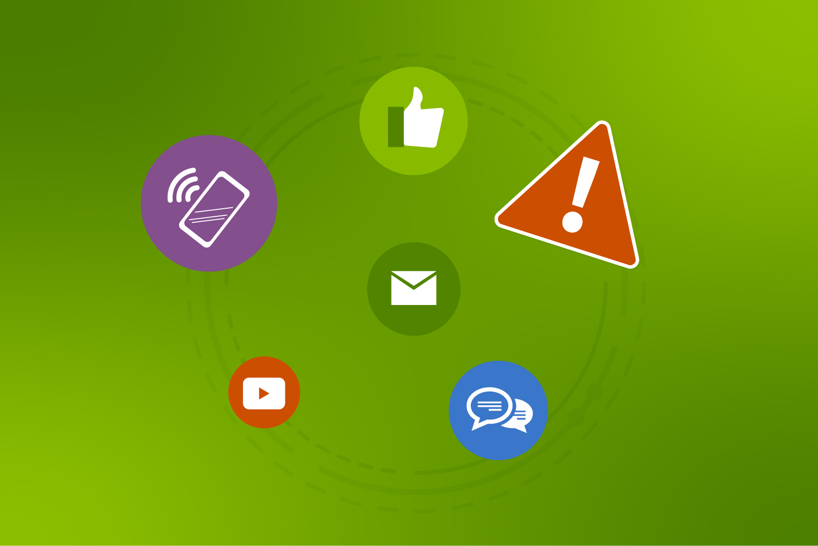 Illustration of social media and digital communication icons, including a smartphone, email, video, chat messages, and a thumbs-up symbol, surrounding a warning triangle on a green background, representing online risks and hidden dangers of social media.