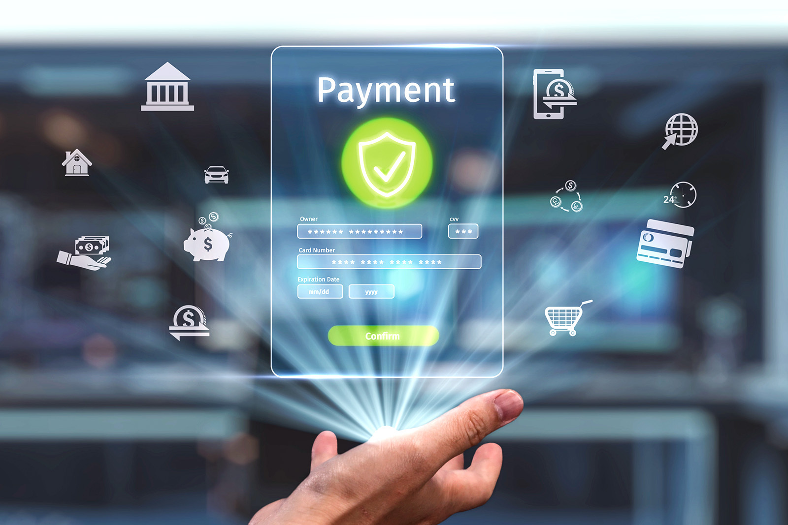 Hand with digital graphics displaying secure online payment processing system...