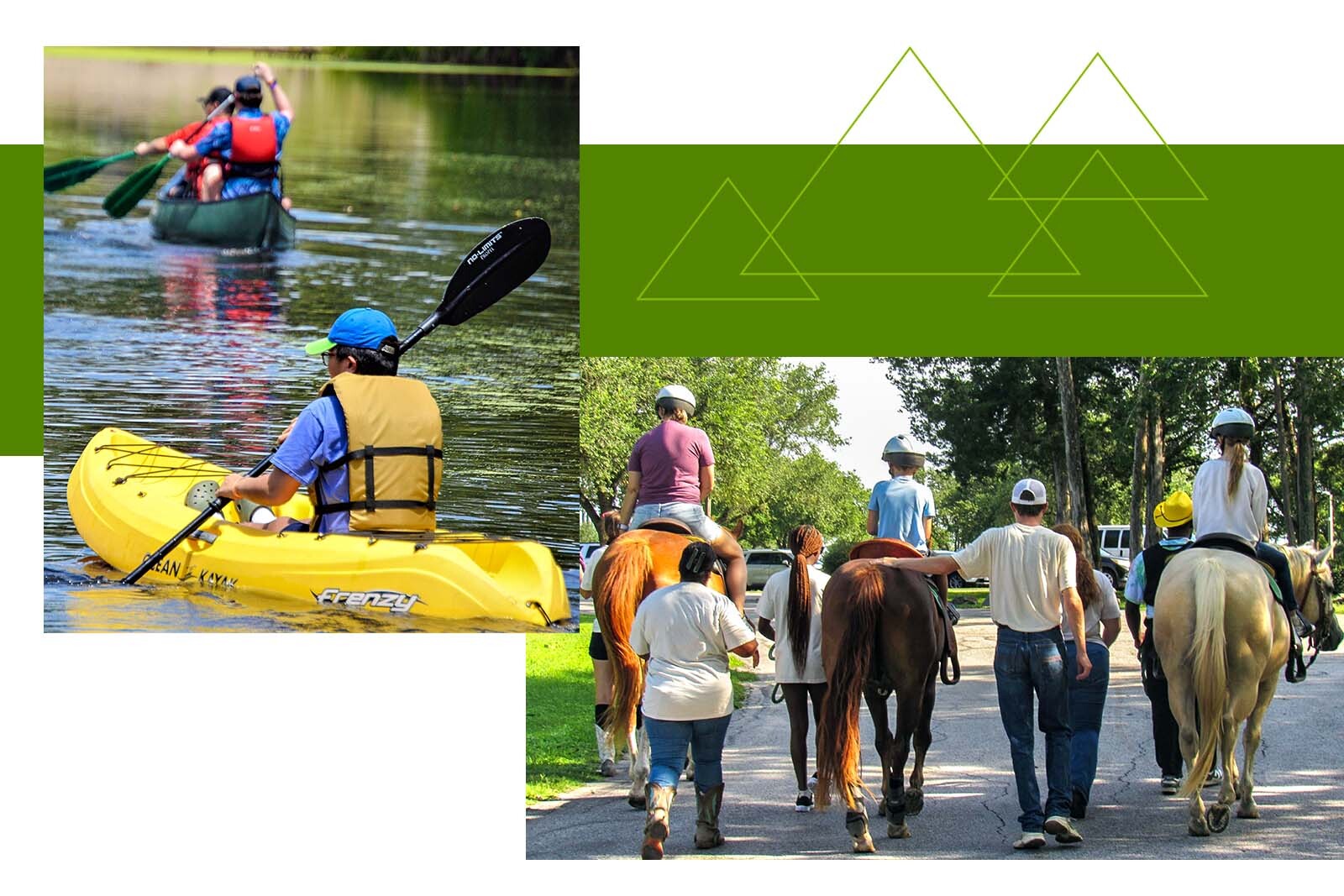 Camp For All attendees kayaking and horseback riding.
