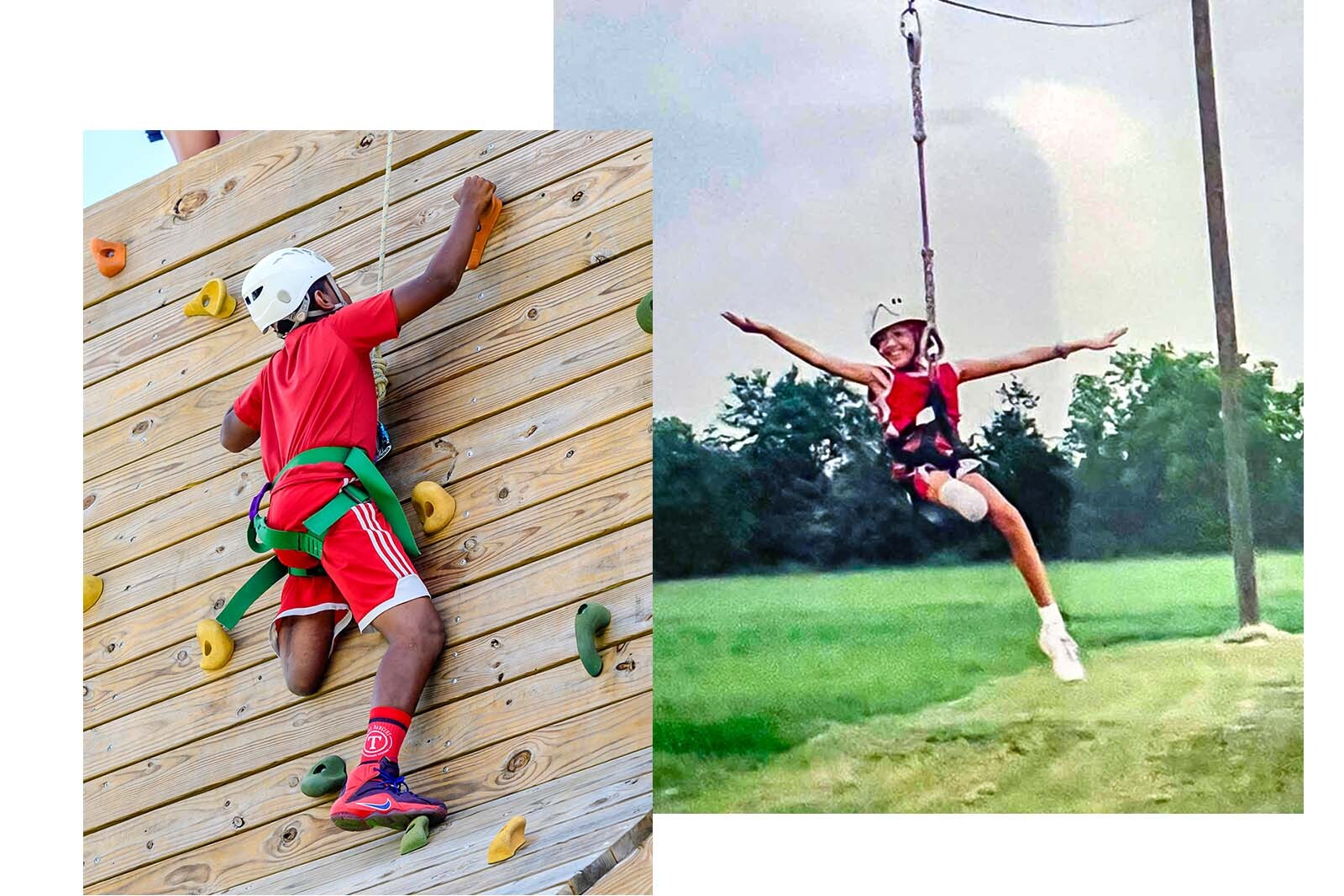 Camp For All attendees climbing and ziplining.