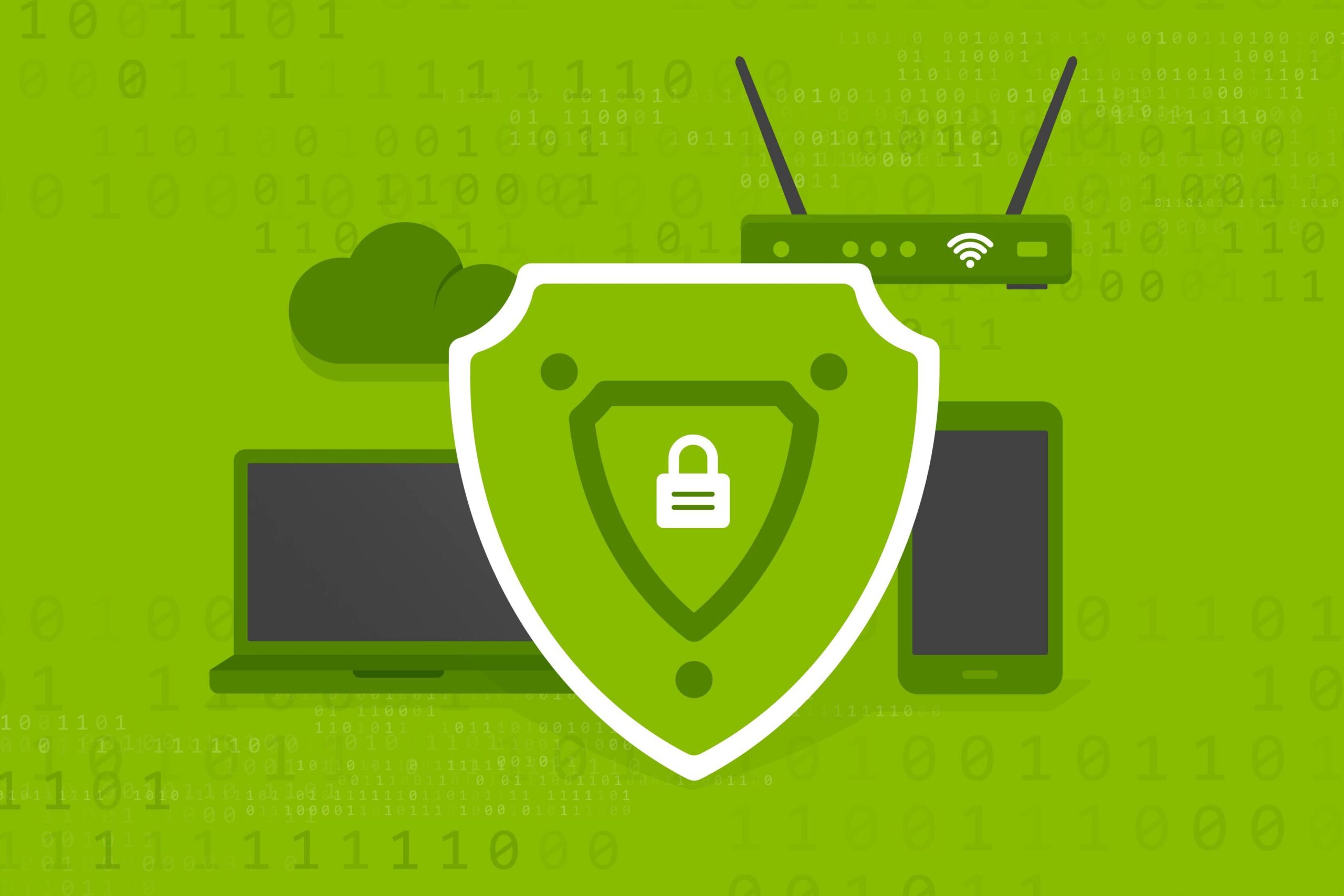 Security shield with lock and laptop, cell phone, cloud and...
