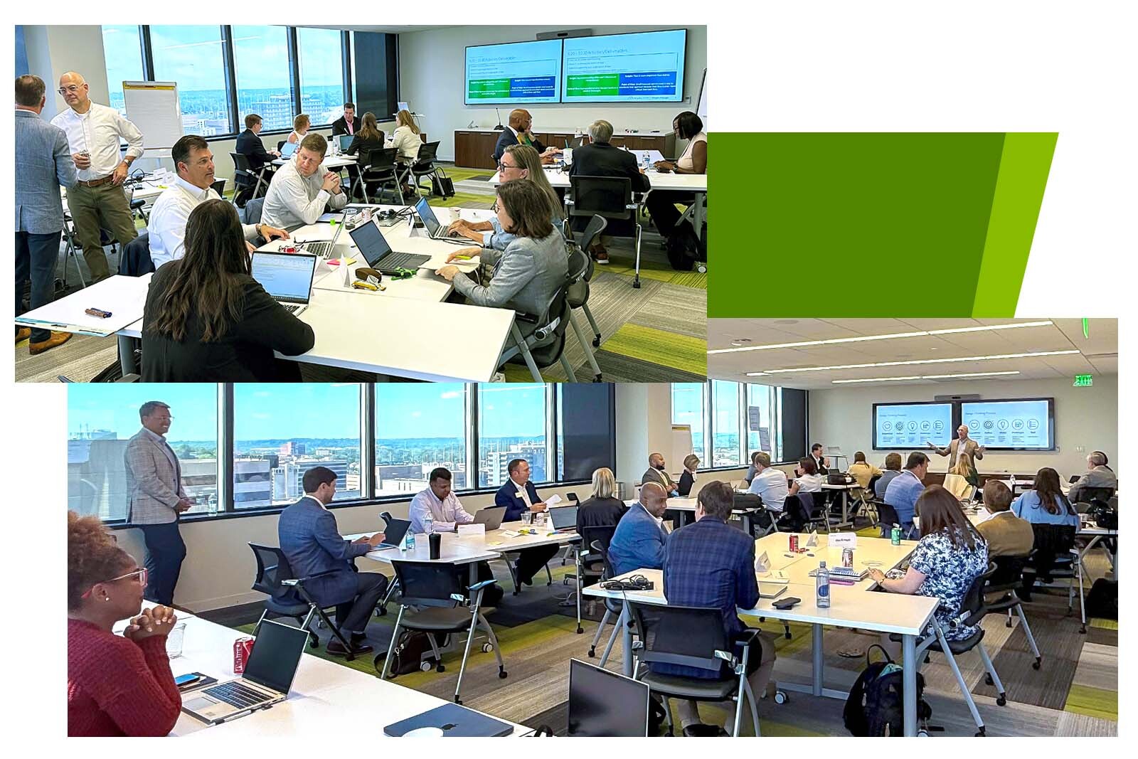 Regions Skills in Service volunteers and Pro Bono week attendees seated at tables having discussions, engaging in group work.