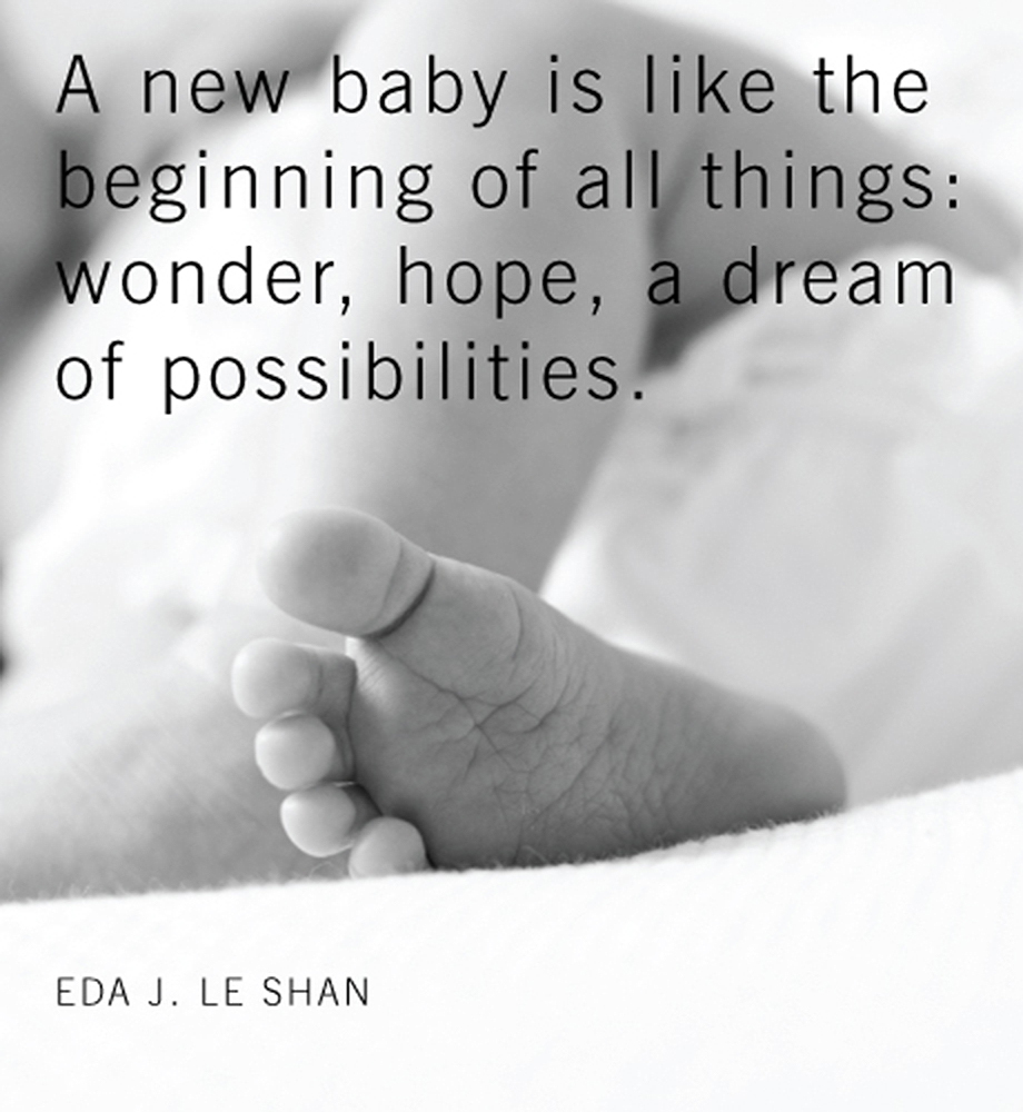 Close up of newborn baby's foot. Text: "A new baby is like the beginning of all things: wonder, hope, a dream of possibilities." -Eda J. LeShan.