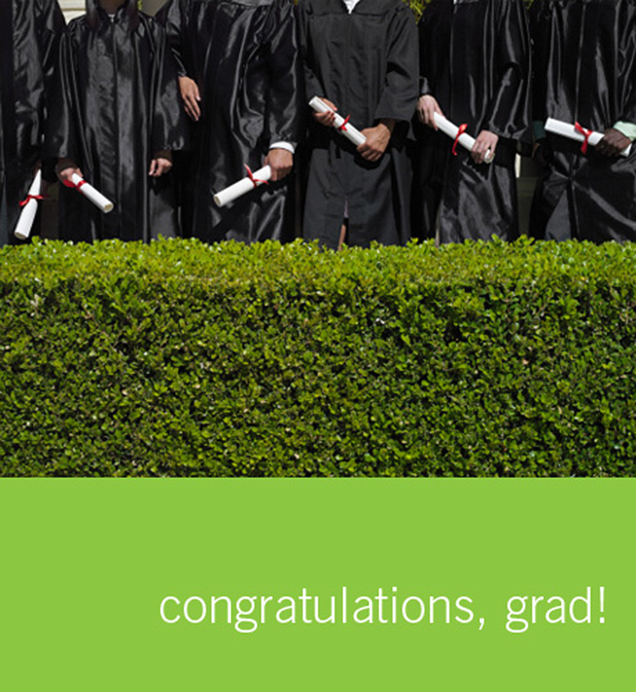 Graduates holding diplomas. Text: Congratulations, grad.