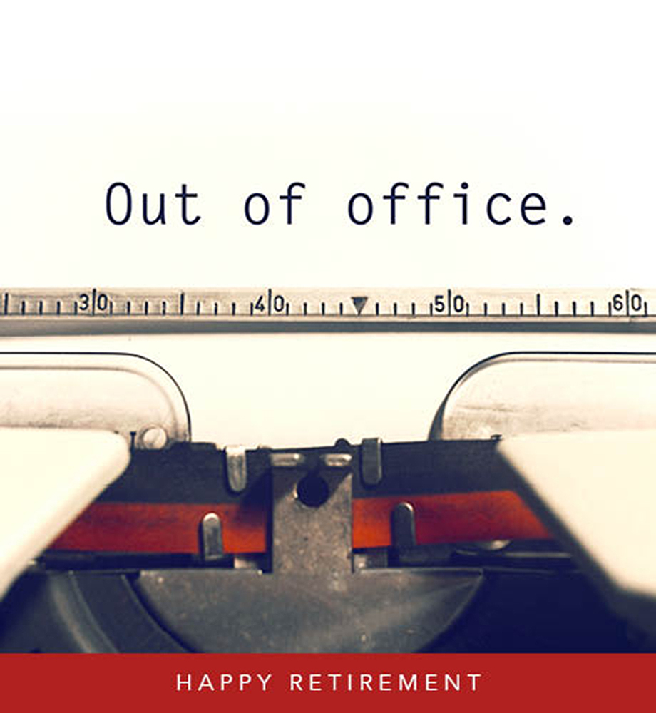 Out of office (written on typewriter).