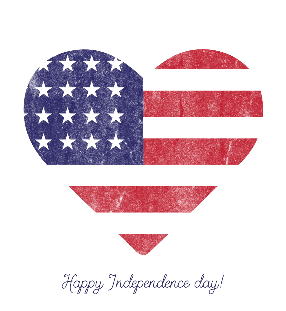 Heart shaped illustration of American flag. Text: Happy Independence Day.