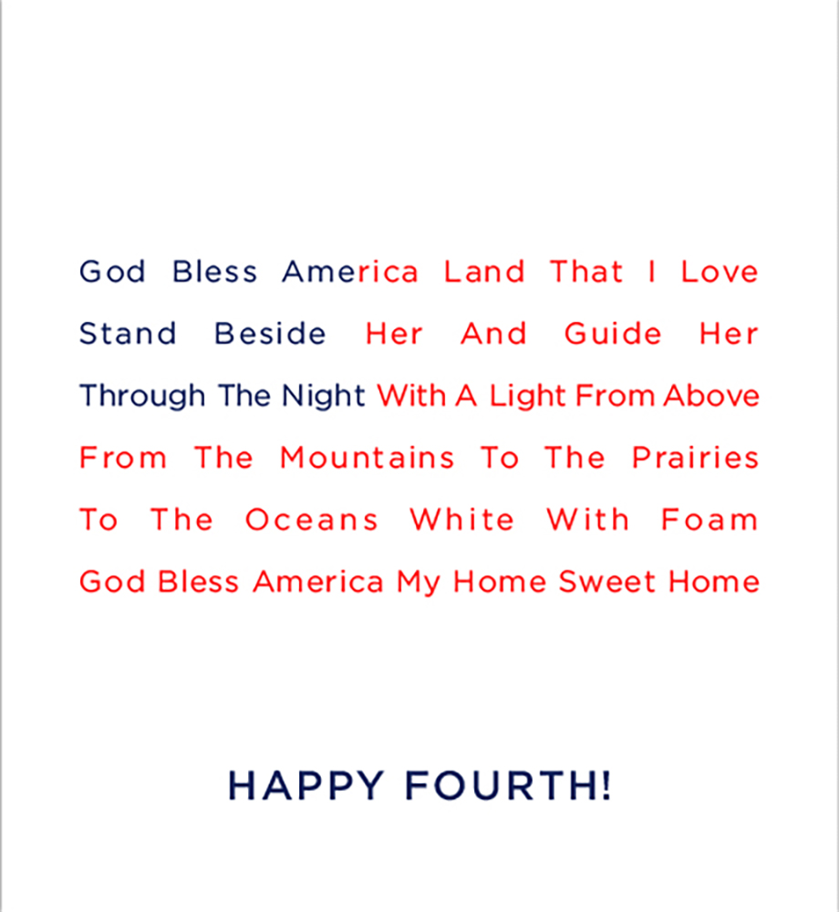 Lyrics of God Bless America in blue and red in the shape of the American flag.