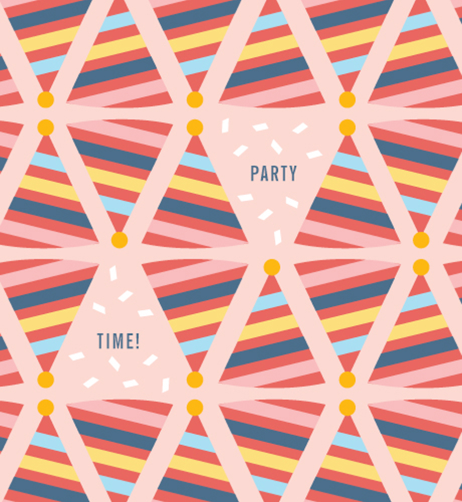 Party hat pattern. Text: Party time.