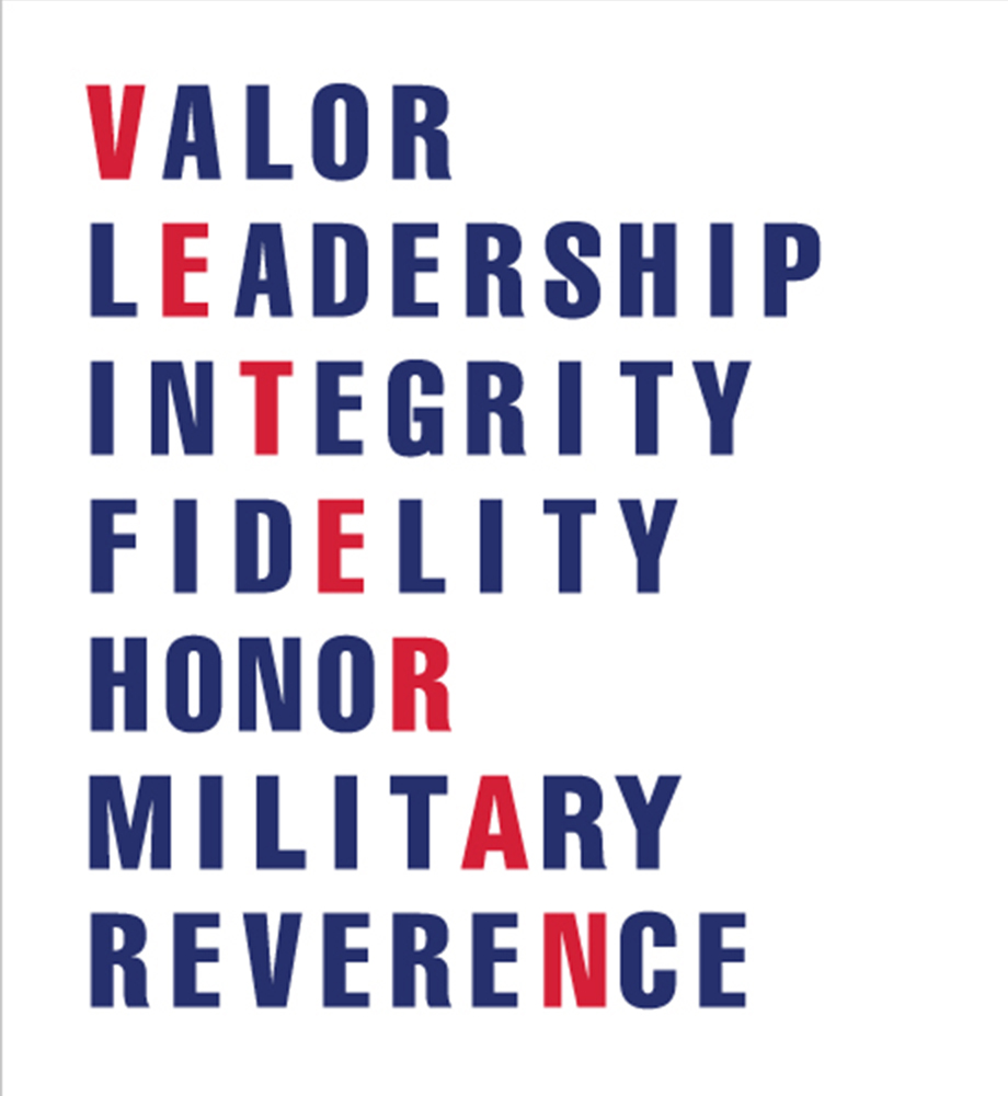 Valor, Leadership, Integrity, Fidelity, Honor, Military, Reverence (a letter from each word is highlighted to make the word "Veteran").