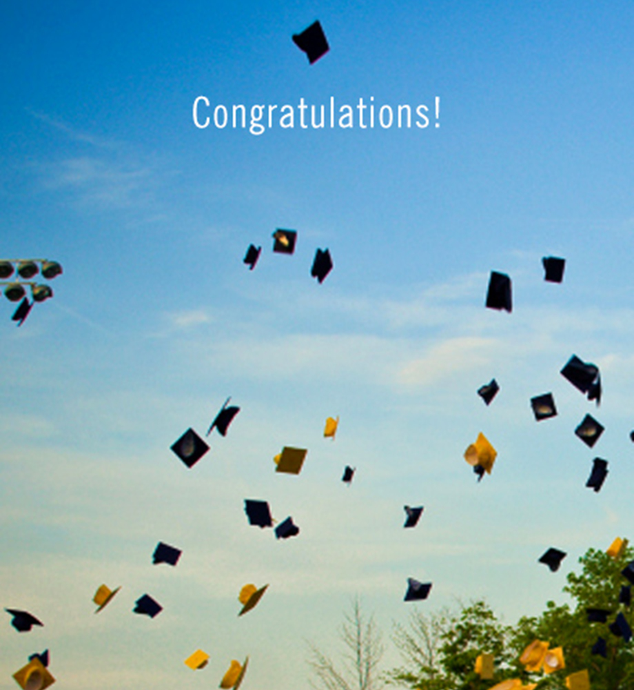 Graduation caps in the air. Text: Congratulations.