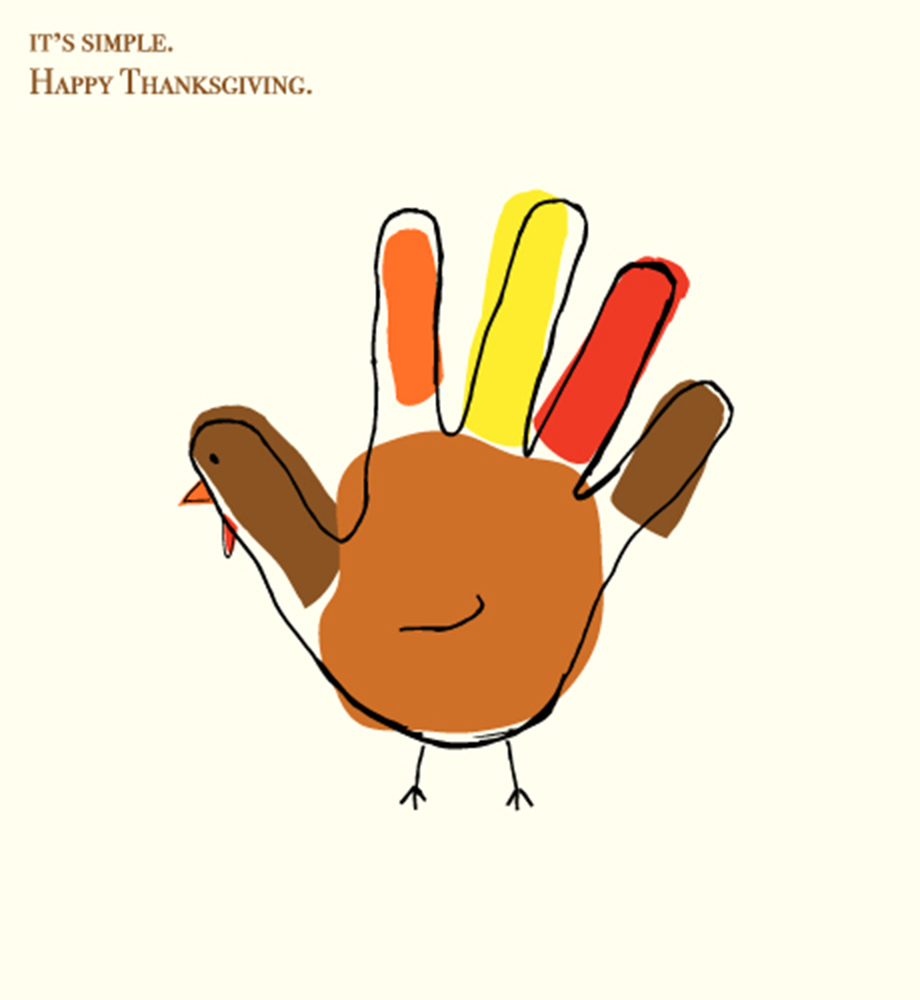 Handprint turkey kids craft. Text: It's simple. Happy Thanksgiving.