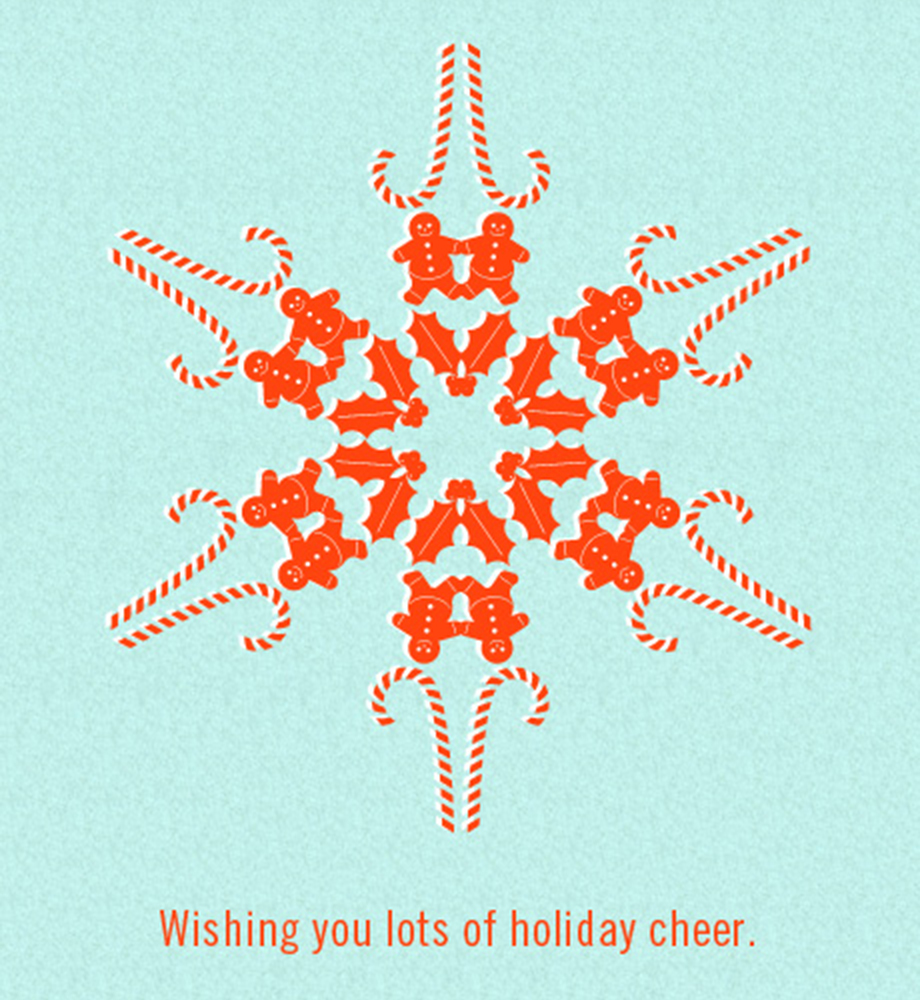 Snowflake illustration made up of candy canes, gingerbread men, and holly. Text: Wishing you lots of holiday cheer.