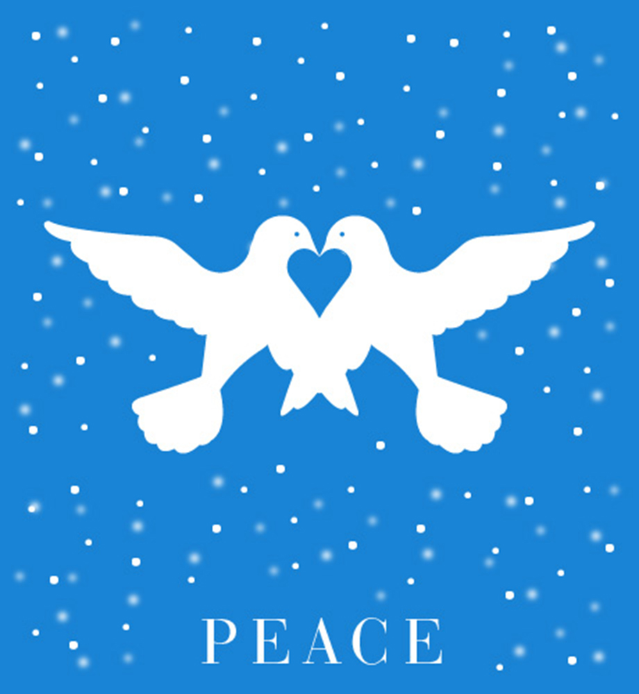 Illustration of two birds flying next to each other making a heart shape. Text: Peace.