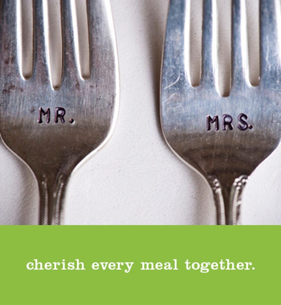 Two forks with Mr. and Mrs. engraved into them. Text: Cherish every meal together.