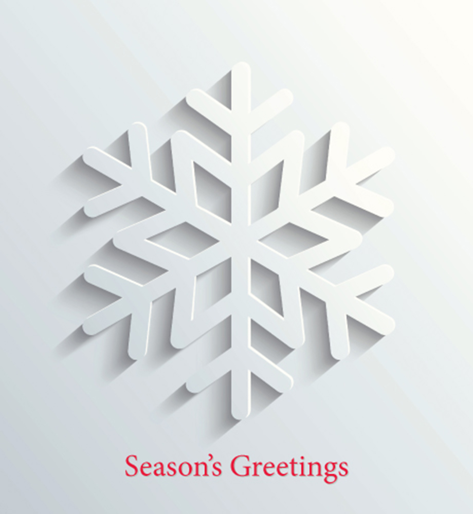 Snowflake illustration with paper cutout effect. Text: Season's Greetings.