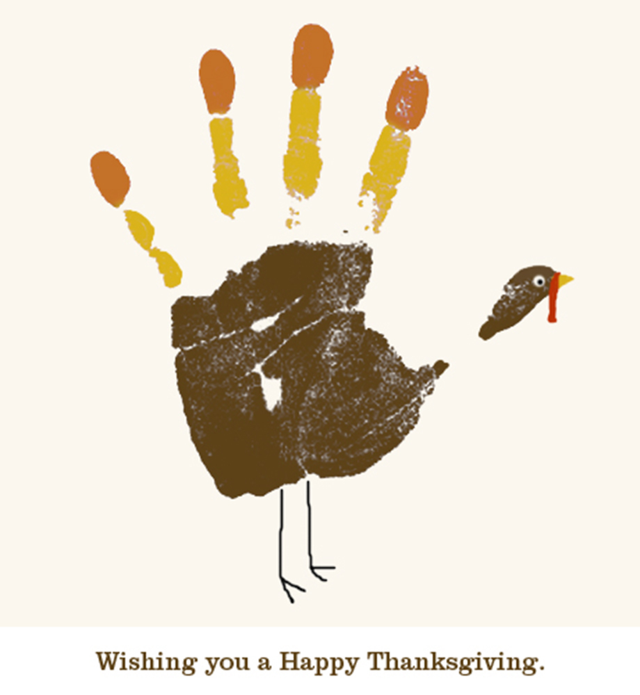 Painted handprint turkey. Text: Wishing you a Happy Thanksgiving.