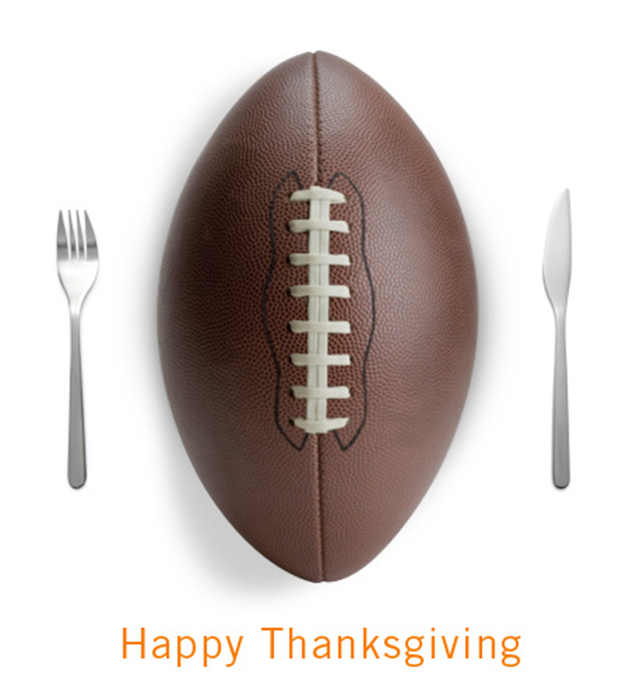 Football between fork and knife. Text: Happy Thanksgiving.