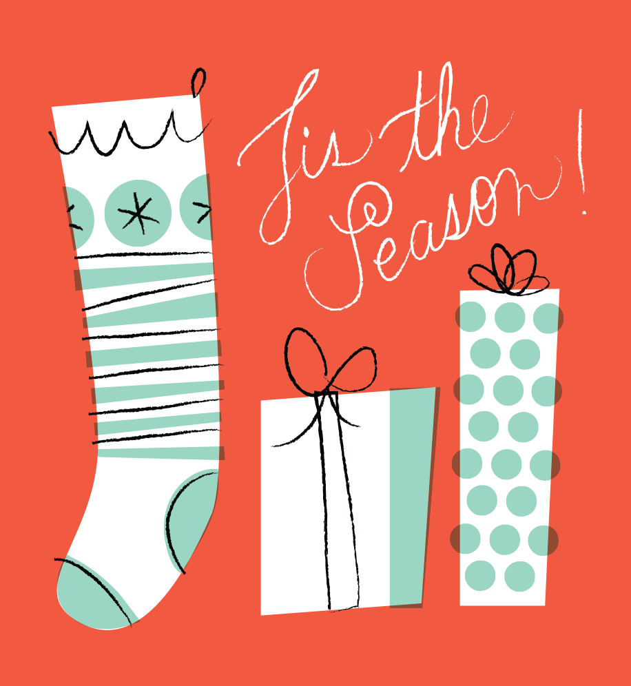 Stocking and gifts illustration. Text: Tis the Season.