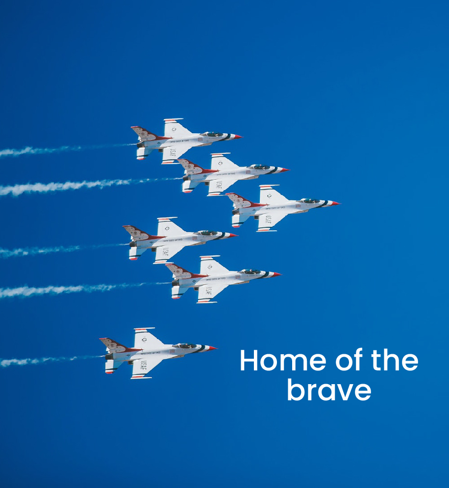 Fighter aircrafts flying in formation. Text: home of the brave.