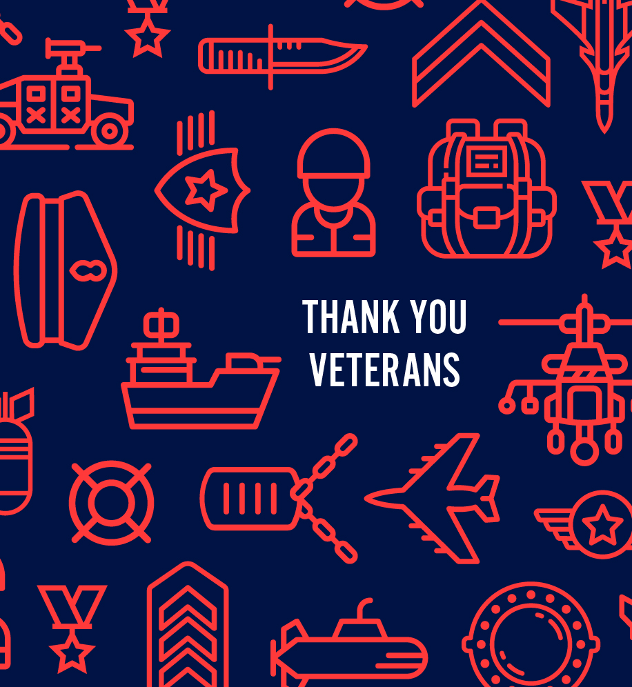 Military related illustrations. Text: Thank you, Veterans.