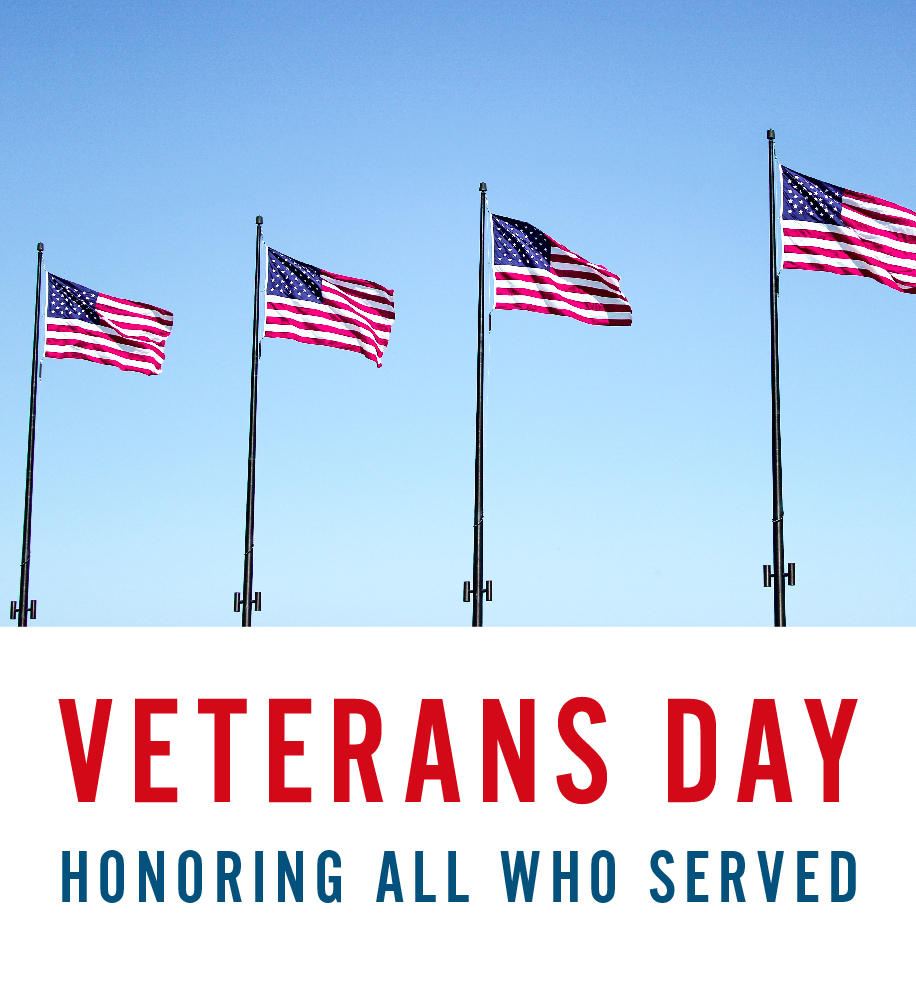 American flags in the sky. Text: Veterans Day. Honoring all who served.