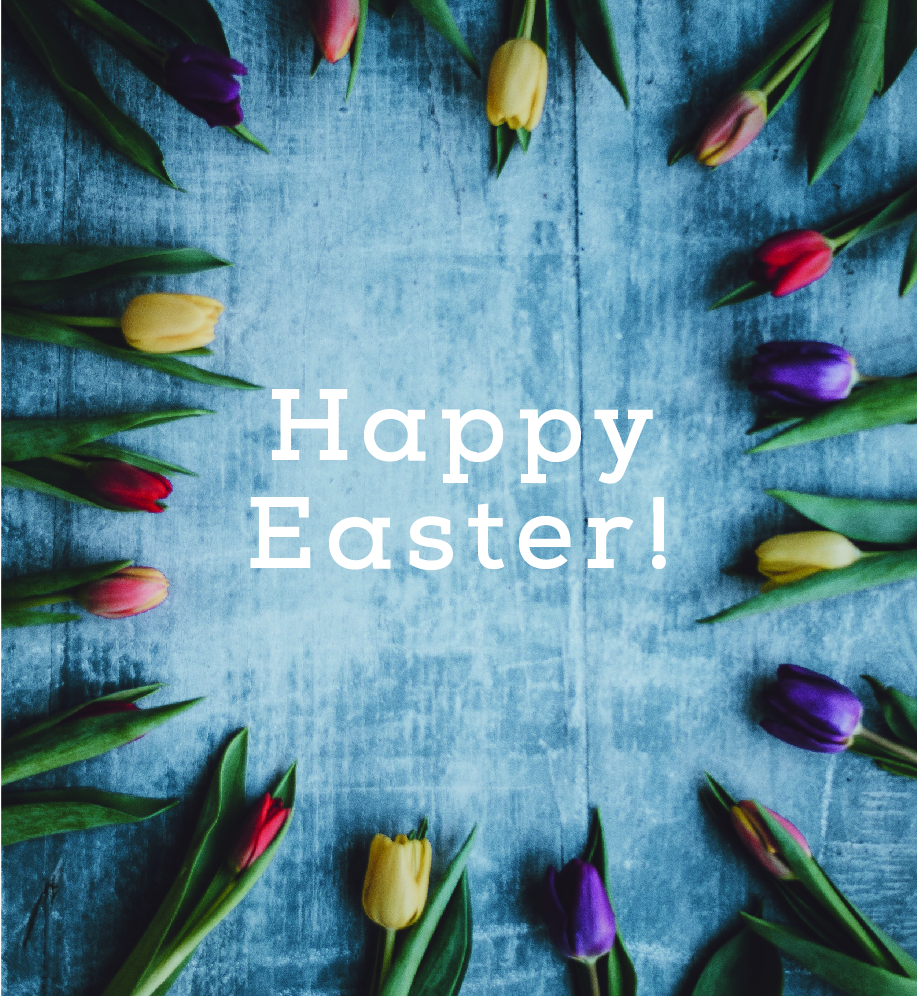 Colorful tulips laid in a circle with text in the center that reads "Happy Easter".