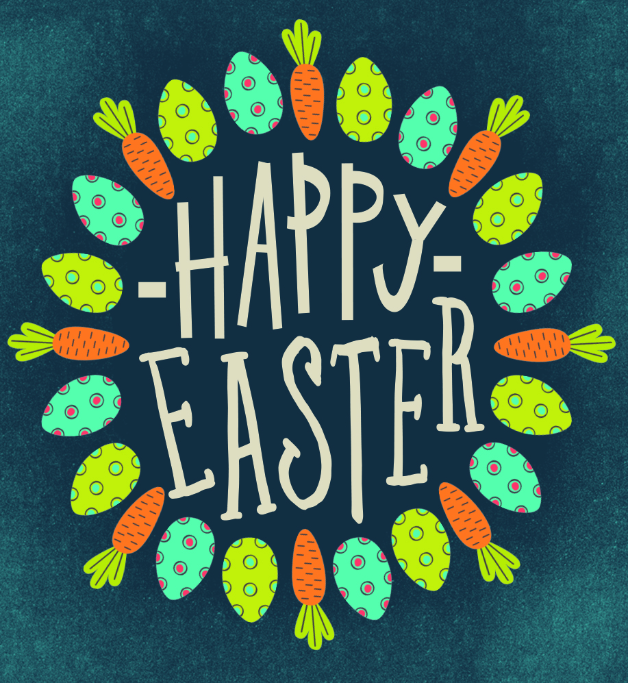Illustrated wreath made of easter eggs and carrots with text in the center that reads "Happy Easter".