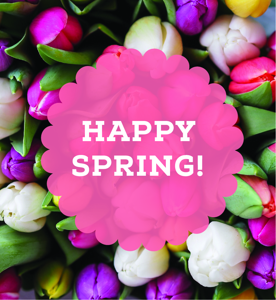 Close up of bouquet of tulips with text overlay that reads "Happy Spring".