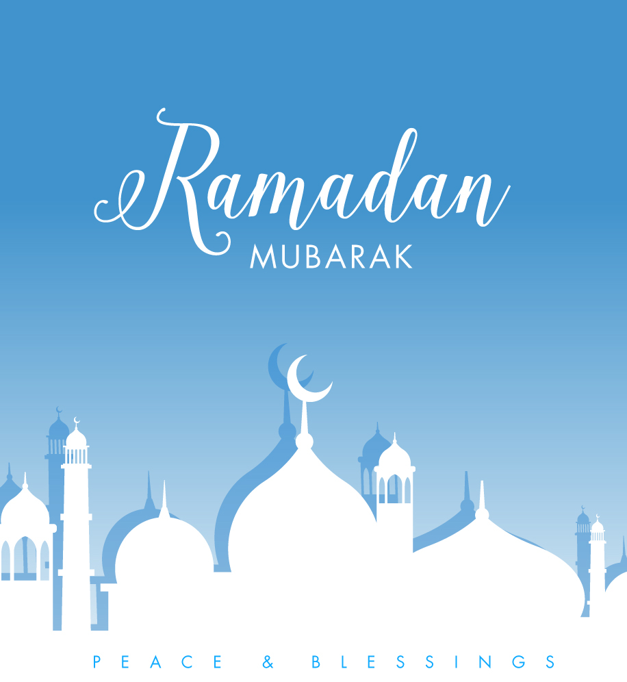 Mosque silhouette illustration. Text: Ramadan Mubarak.